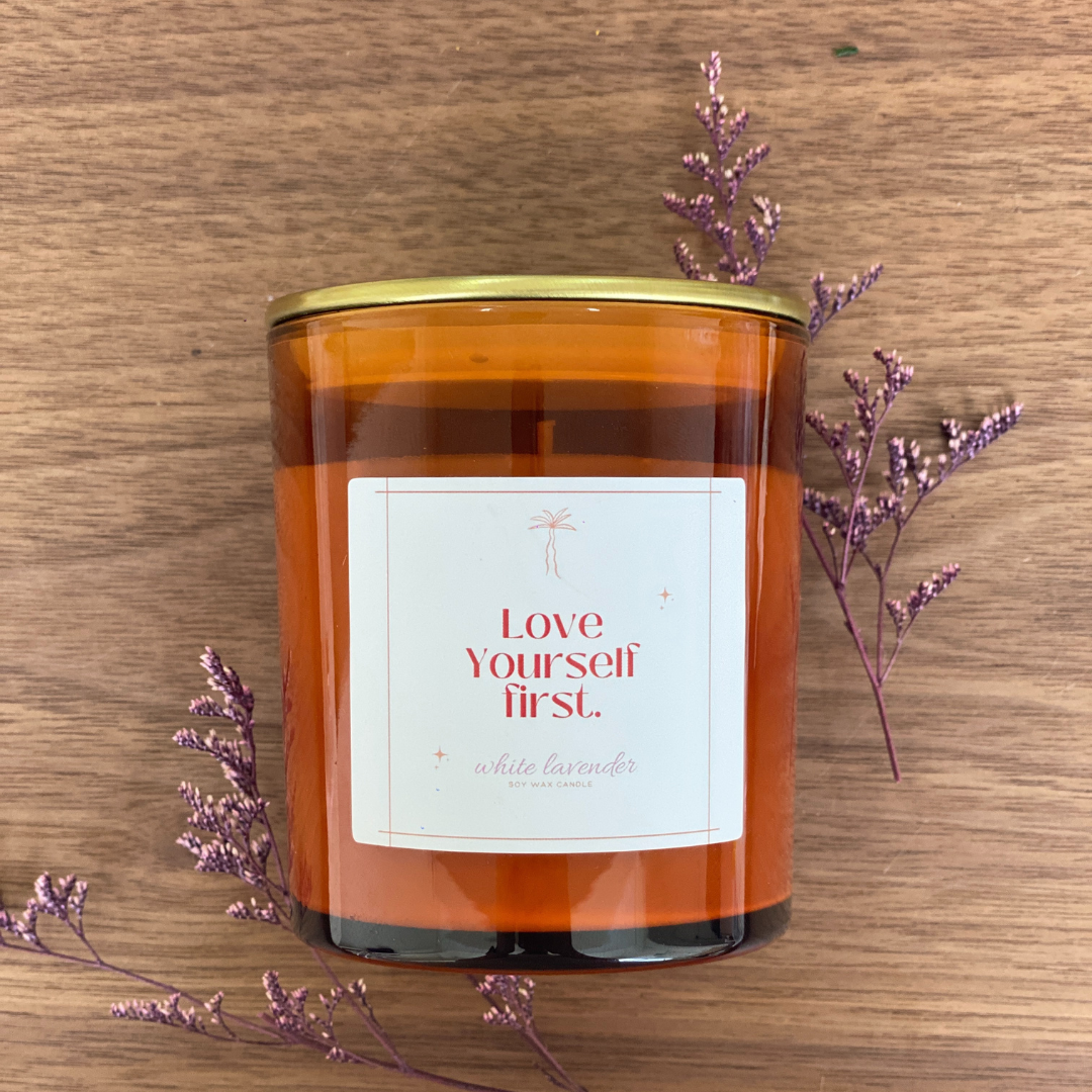 White Lavender Scented Candle in Amber Tinted Glass