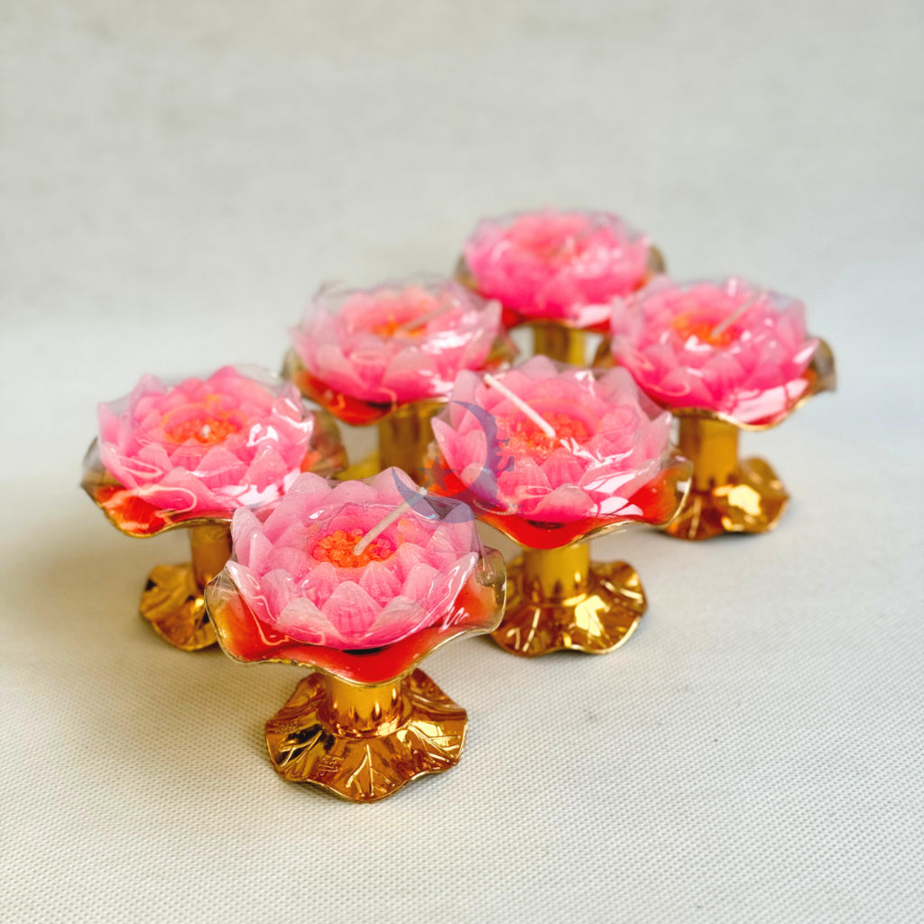 Blooming Lotus Candle with Gold Stand - 荷叶莲花烛