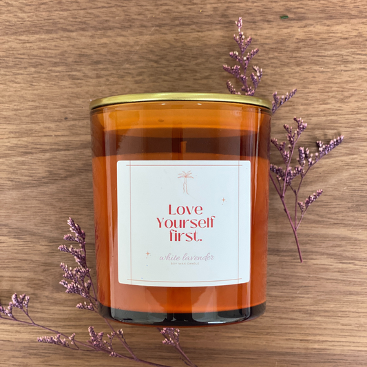 White Lavender Scented Candle in Amber Tinted Glass